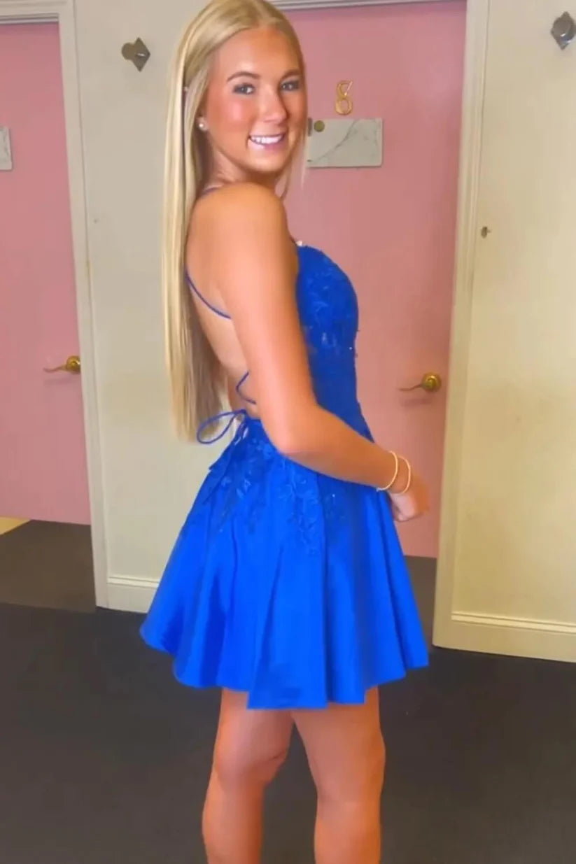 V Neck Royal Blue Satin Homecoming Dress J10701