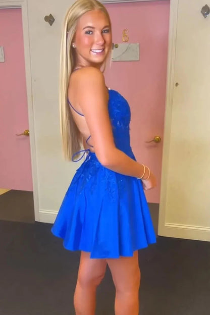 V Neck Royal Blue Satin Homecoming Dress J10701