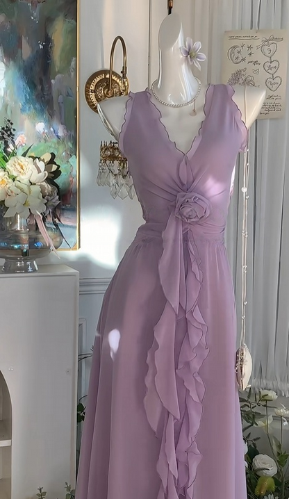 V Neck Ruffled Purple Wedding Guest Dress Chiffon Homecoming Dress  J10991