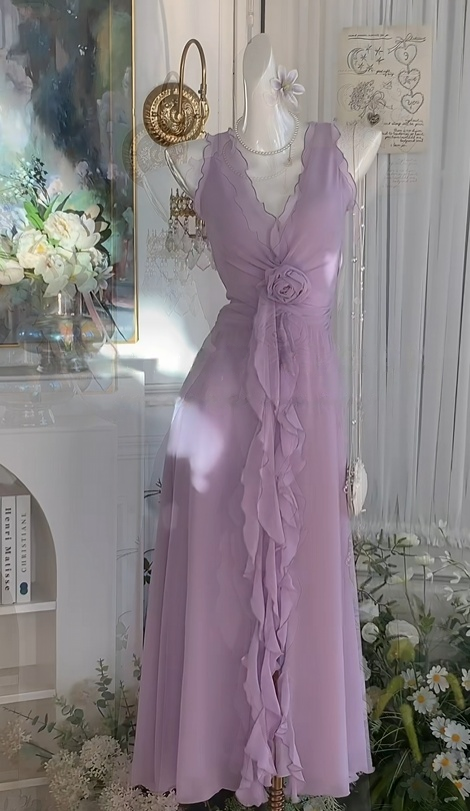 V Neck Ruffled Purple Wedding Guest Dress Chiffon Homecoming Dress  J10991