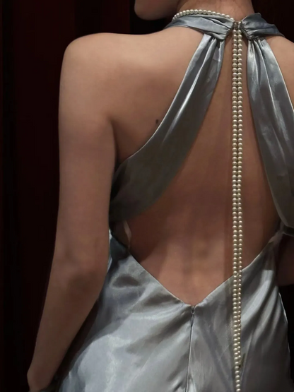V Neck Satin Silver Prom Dress Backless Retro Evening Formal Dress  J9667