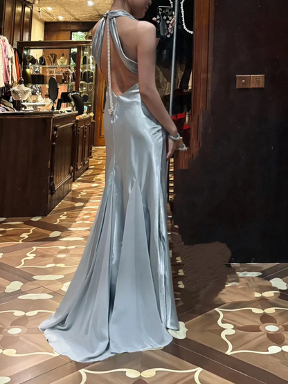 V Neck Satin Silver Prom Dress Backless Retro Evening Formal Dress  J9667