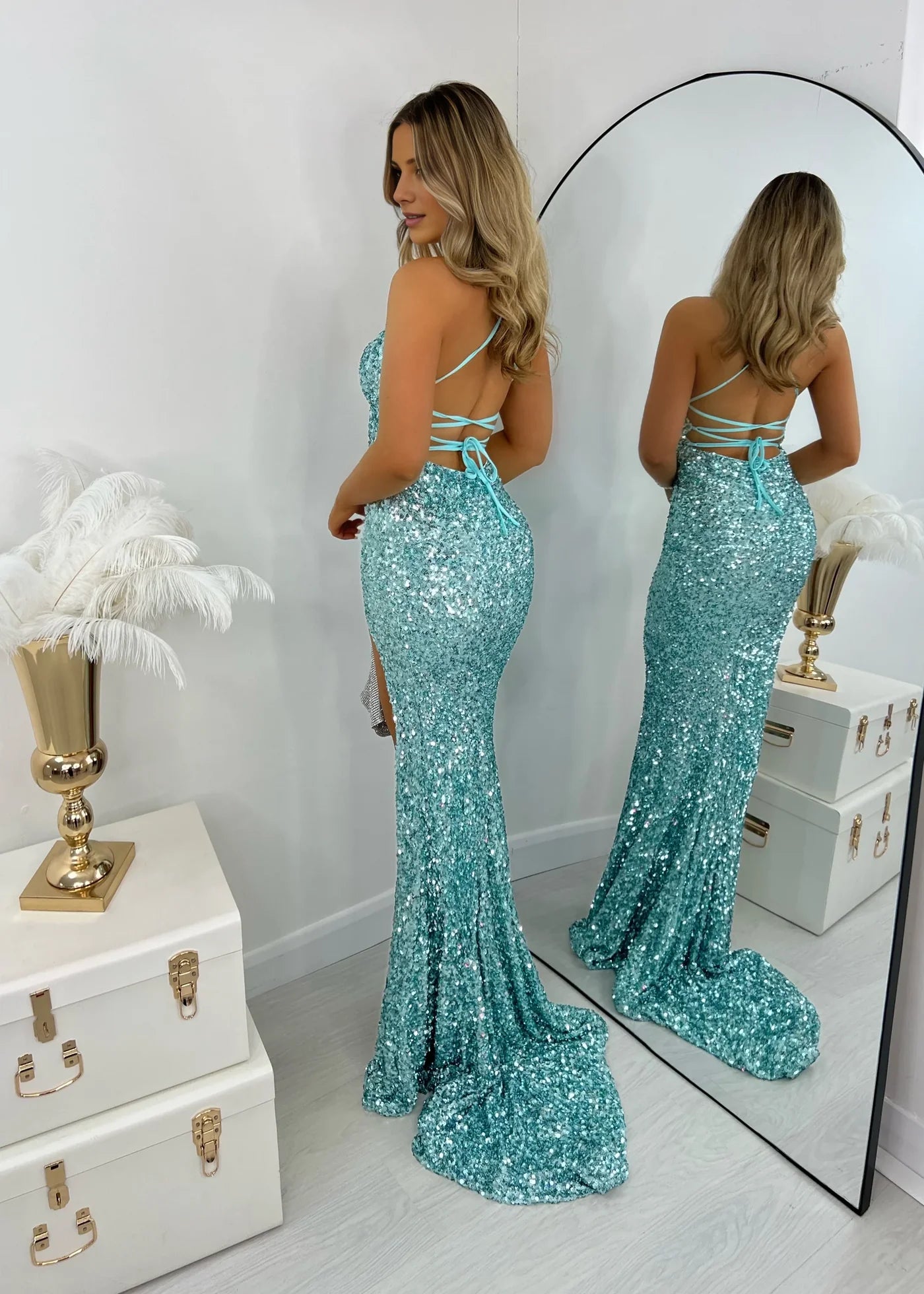V Neck Sequin Sheath Prom Dress Open Back Evening Dress J10212