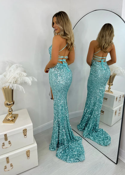 V Neck Sequin Sheath Prom Dress Open Back Evening Dress J10212