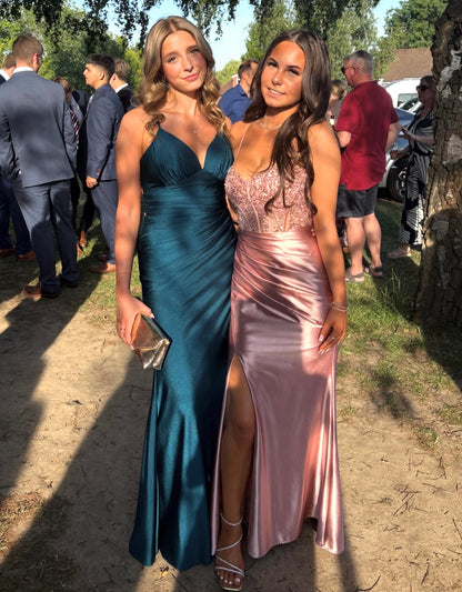 V Neck Turquoise Green Formal Prom Dress With Slit  J11793