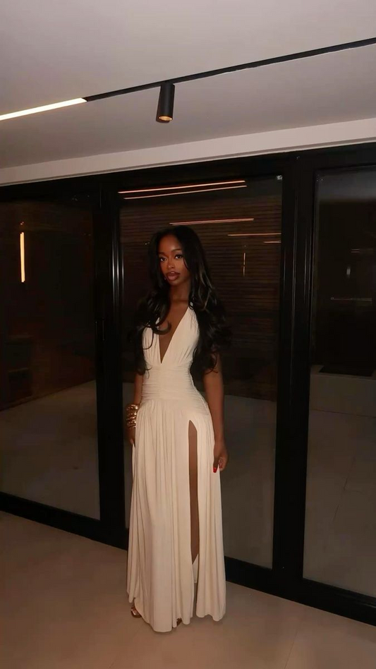 V Neck White Long Prom Dress A Line Birthday Outfit J8921