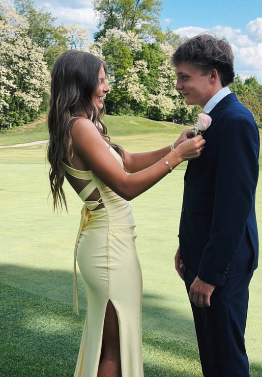 V Neck Yellow Mermaid Prom Dress Open Back Evening Dress J10449