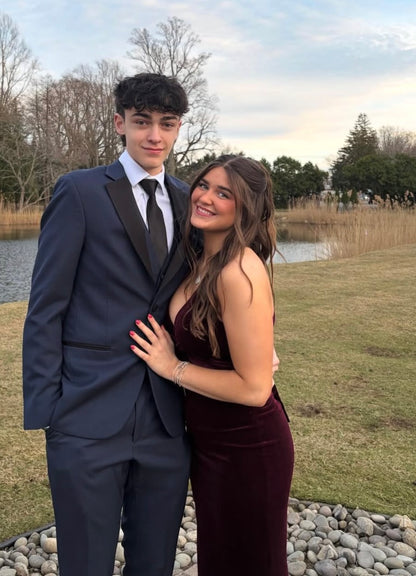 V Neck Burgundy Velvet Prom Dress Open Back Evening Dress J10104