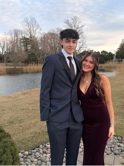 V Neck Burgundy Velvet Prom Dress Open Back Evening Dress J10104