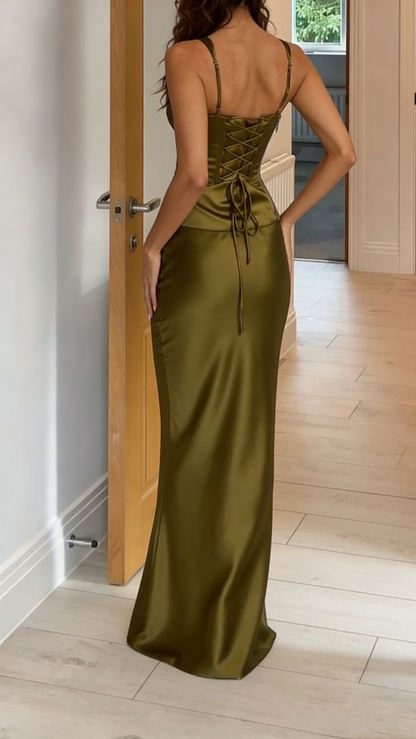 V Neck Green Satin Sheath Long Prom Dress  J9660