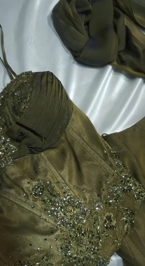 vintage olive green dress Vintage Olive Green Satin Wide Straps Slit Party Dress