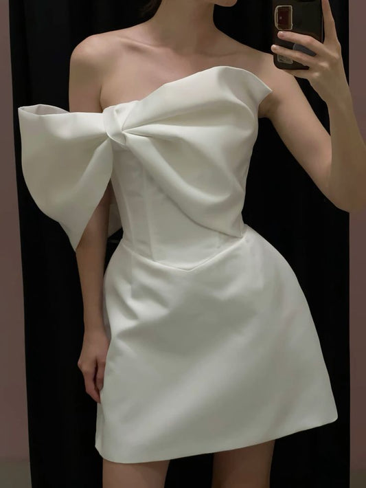 White Satin Short Birthday Dress A Line Homecoming Dress  J11189