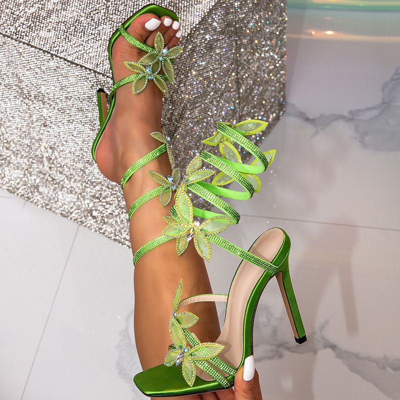 Women's Fashion Rhinestone Floral Wrap Stiletto Heels H1