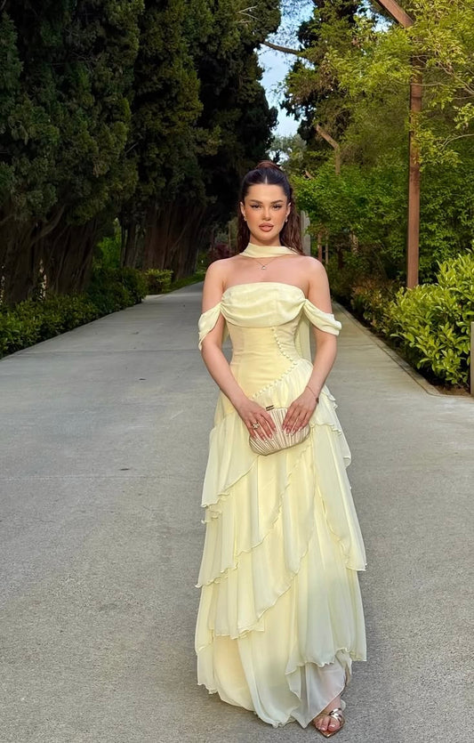 Yellow Chiffon Formal Prom Dress Layered Wedding Guest Dress  J11761