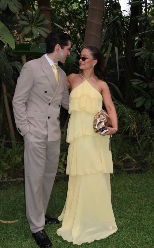 Yellow Chiffon Layered Prom Dress A Line Formal Wedding Guest Dress J10019