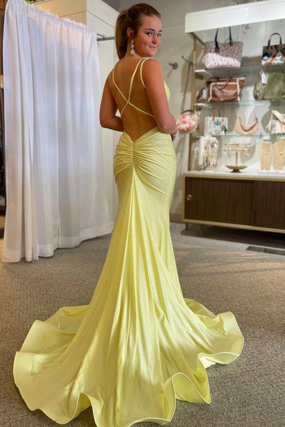 Yellow Mermaid Long Prom Dresses Shiny Evening Formal Dresses J2611