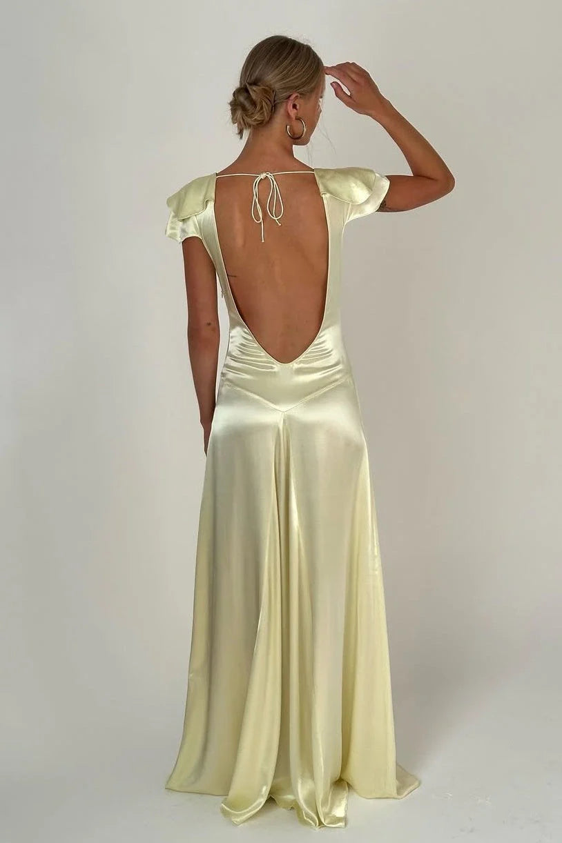 Yellow Satin Open Back Wedding Guest Dress Formal Evening Dress  J10261