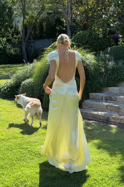 Yellow Satin Open Back Wedding Guest Dress Formal Evening Dress  J10261