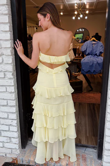 Yellow Strapless Ruffles Chiffon Formal Prom Dress With Slit  J9757