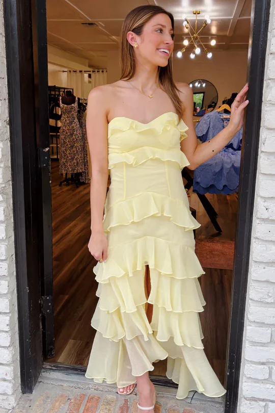 Yellow Strapless Ruffles Chiffon Formal Prom Dress With Slit  J9757