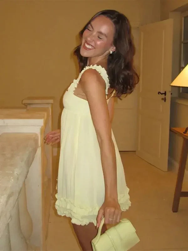 Robe de soirée courte en mousseline jaune J7748