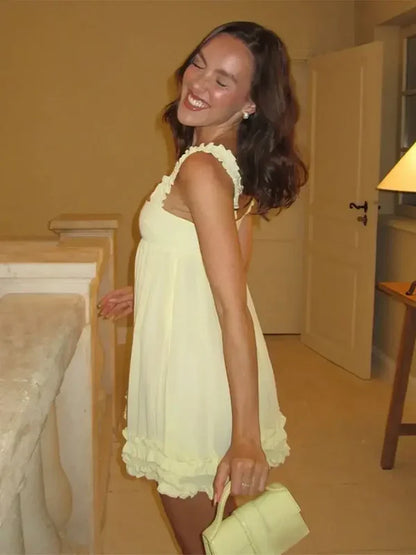 Robe de soirée courte en mousseline jaune J7748