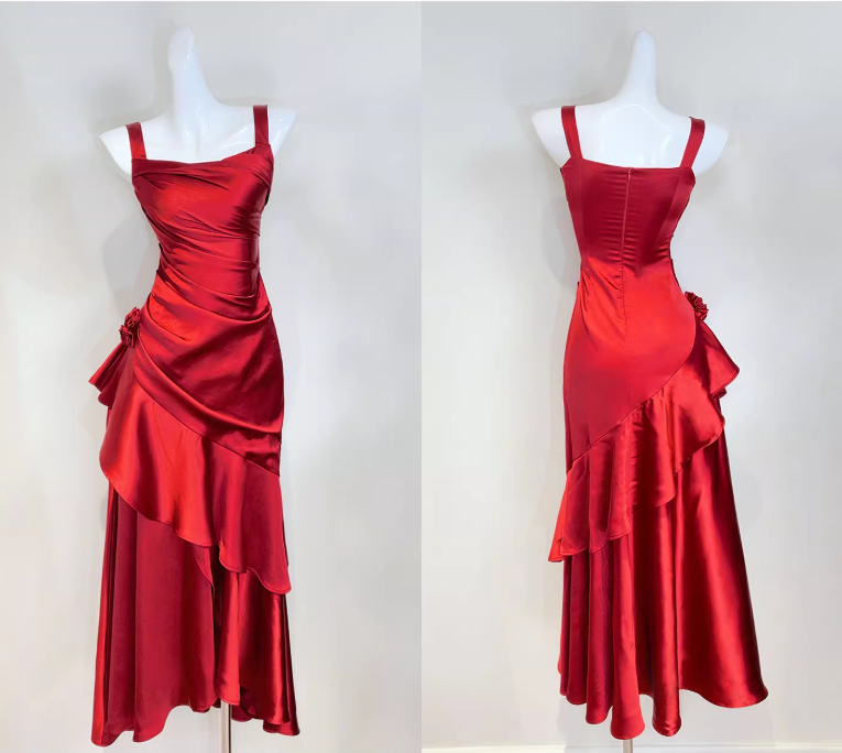 A Line Burgundy Long Prom Dress Ruffle Elegant Evening Dress J8617