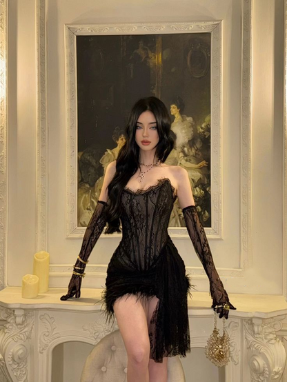 Schwarzes Spitzen-Etuikleid für Geburtstage, kurzes Abendkleid J8315