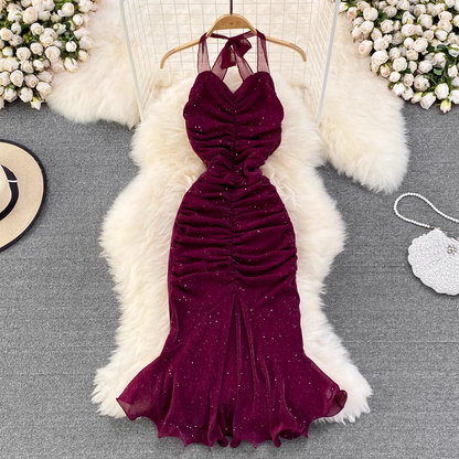 Halter Neck Backless Evening Gown Sequined Mermaid Dress L46