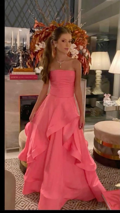 Strapless A Line Pink Wedding Guest Dress Long Prom Dress J7467
