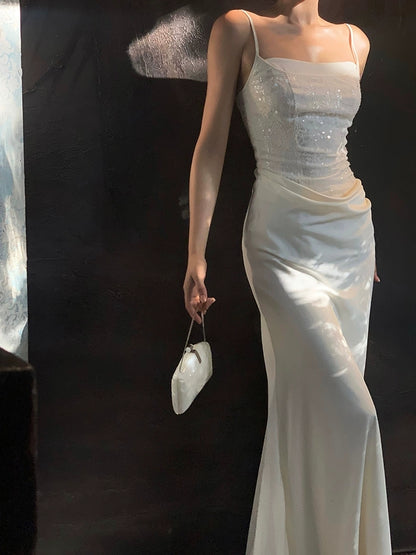 White Sheath Long Prom Dress Sequin Spaghetti Straps Evening Dress J8611