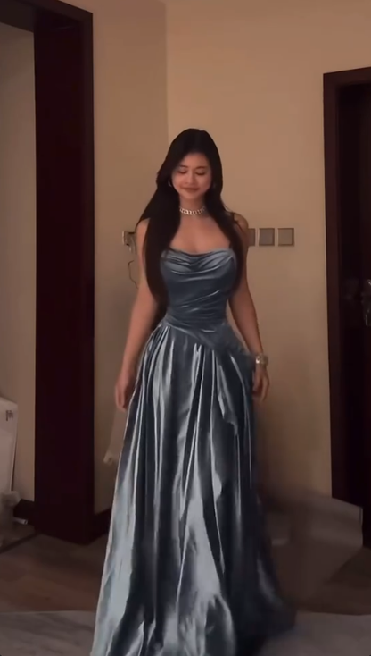 Spaghetti Straps A Line Blue Long Prom Dress Satin Evening Dress J8042