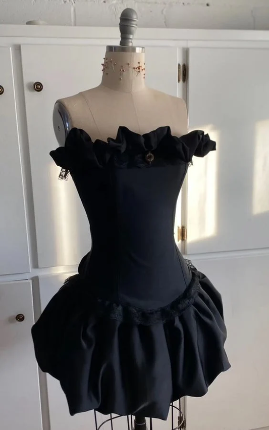 Robe de soirée courte noire sans bretelles, coupe trapèze, tenue d'anniversaire, J7238