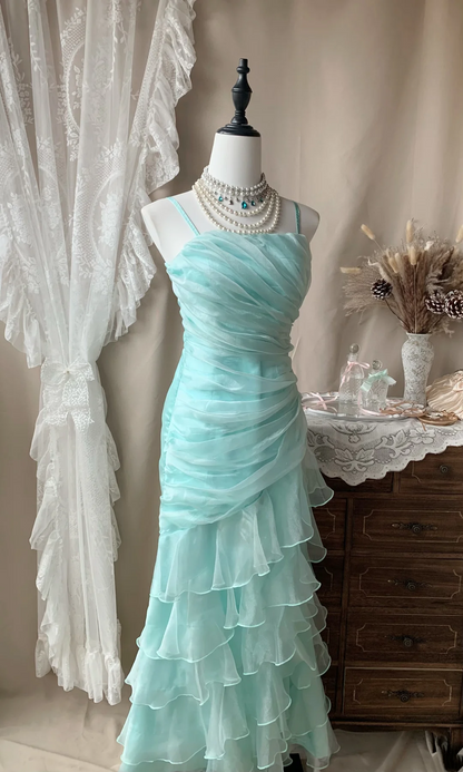Spaghetti Straps Blue Ruffle Long Prom Dress Vintage Formal Party Dress J8799