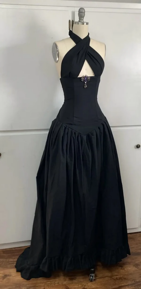 A Line Halter Evening Dresses Black Long Prom Party Gowns J8866