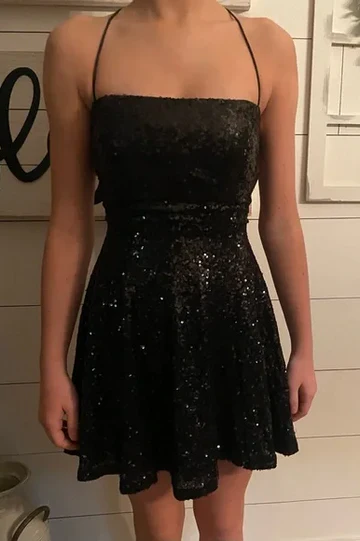 Schwarzes A-Linien-Abendkleid mit Pailletten, ärmellos, kurz, J6962