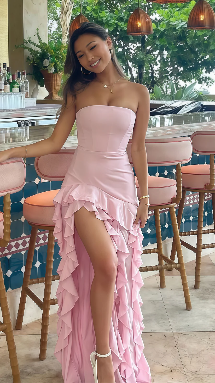 Robe de soirée moulante rose à volants, fendue et sans bretelles, tenue de soirée J7110
