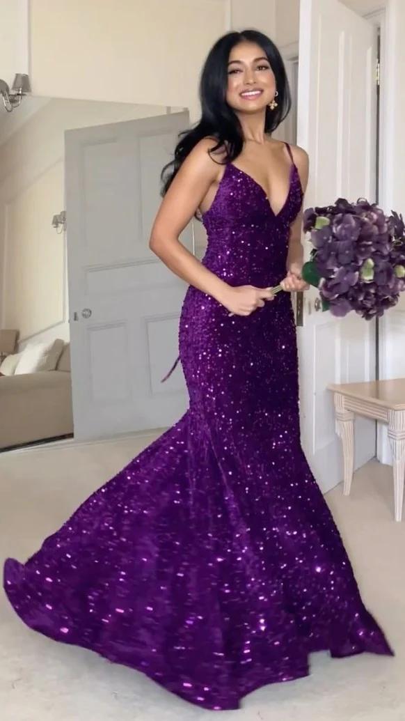 Robe de soirée sirène violette à paillettes et col en V J8765