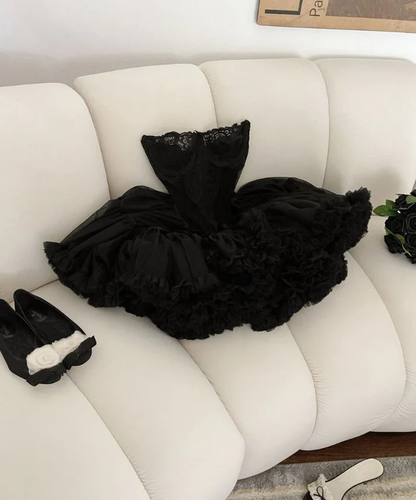 Strapless Black Ruffles Lace Homecoming Dress Short Birthday Outfits J7262