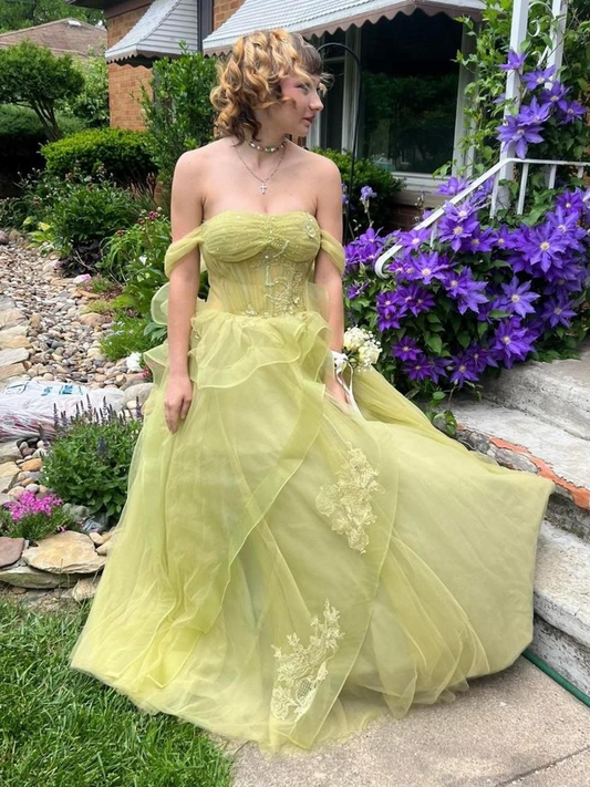 Schulterfreies A-Linien-Ballkleid in Grün, lang, Tüll, formelles Partykleid J8187