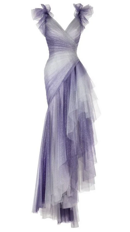 Glitter Purple Gradient Tulle Prom Dresses Ruffle Evening Gown J8760