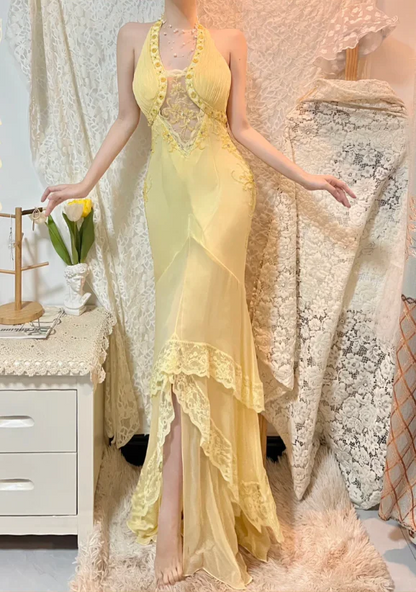 Robe de bal longue jaune en mousseline de soie et dentelle perlée à volants J8774