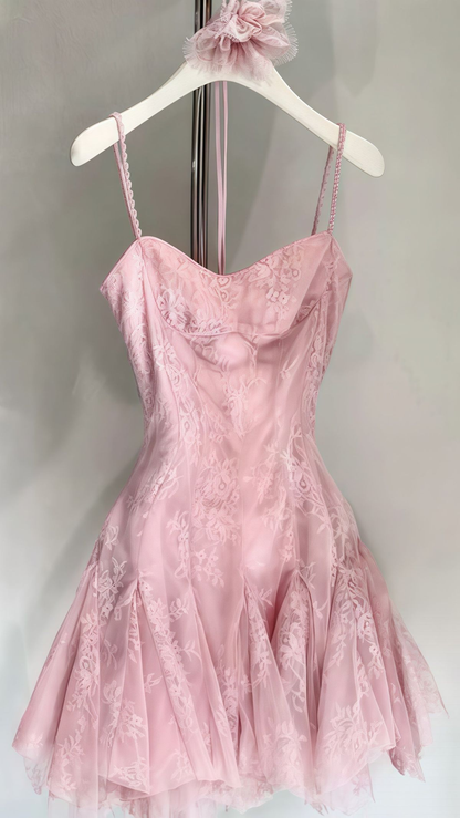 Rosa Spitze Homecoming Kleid Spaghettiträger Geburtstagskleid J7621
