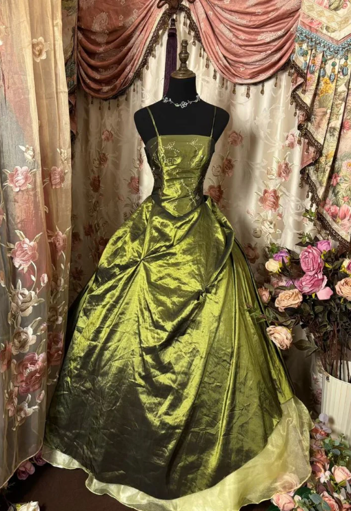 Spaghettiträger Satin Olivgrün Langes Partykleid Ballkleider J8186