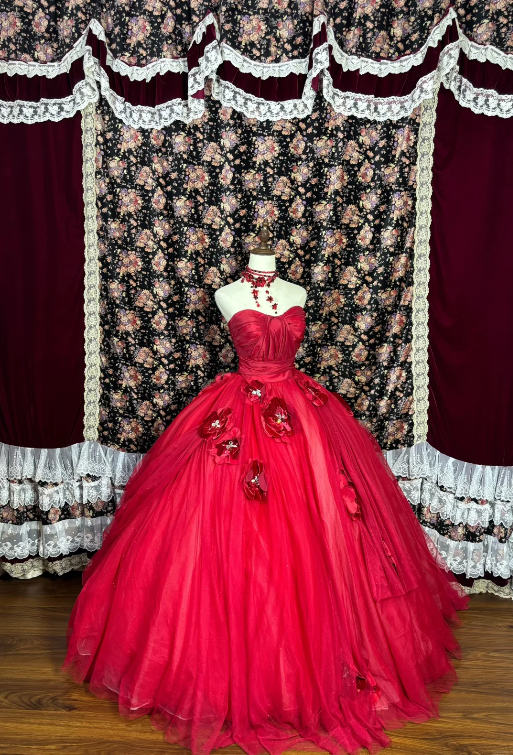 Sweetheart 16 Quinceanera Ball Gown Red Birthday Dress With Flowers J8627