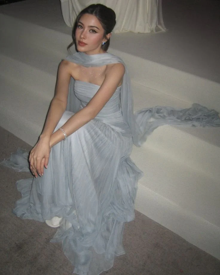 Strapless A-Line Blue Long Prom Dress Wedding Guest Dress Evening Dress J8749