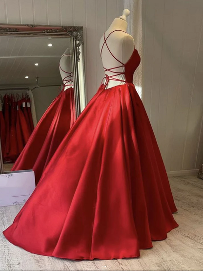 Backless Red Satin Long Prom Dress Red Evening Gown J8385
