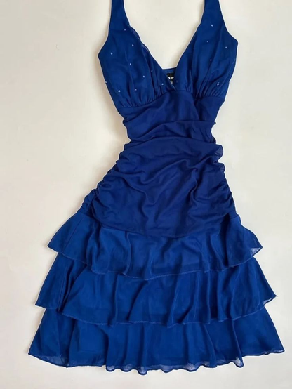 Robe de soirée élégante en mousseline de soie bleu roi à col licou J7743