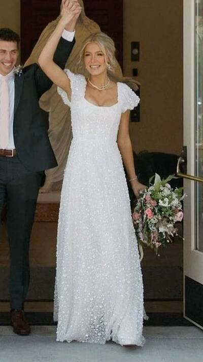 A Line White Sequin Wedding Dress Elegant Bridal Dress J8136