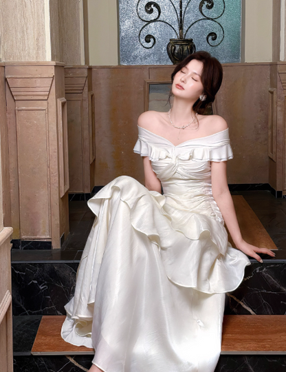 Off The Shoulder Ivory Long Prom Dress Layered Evening Dress J8606